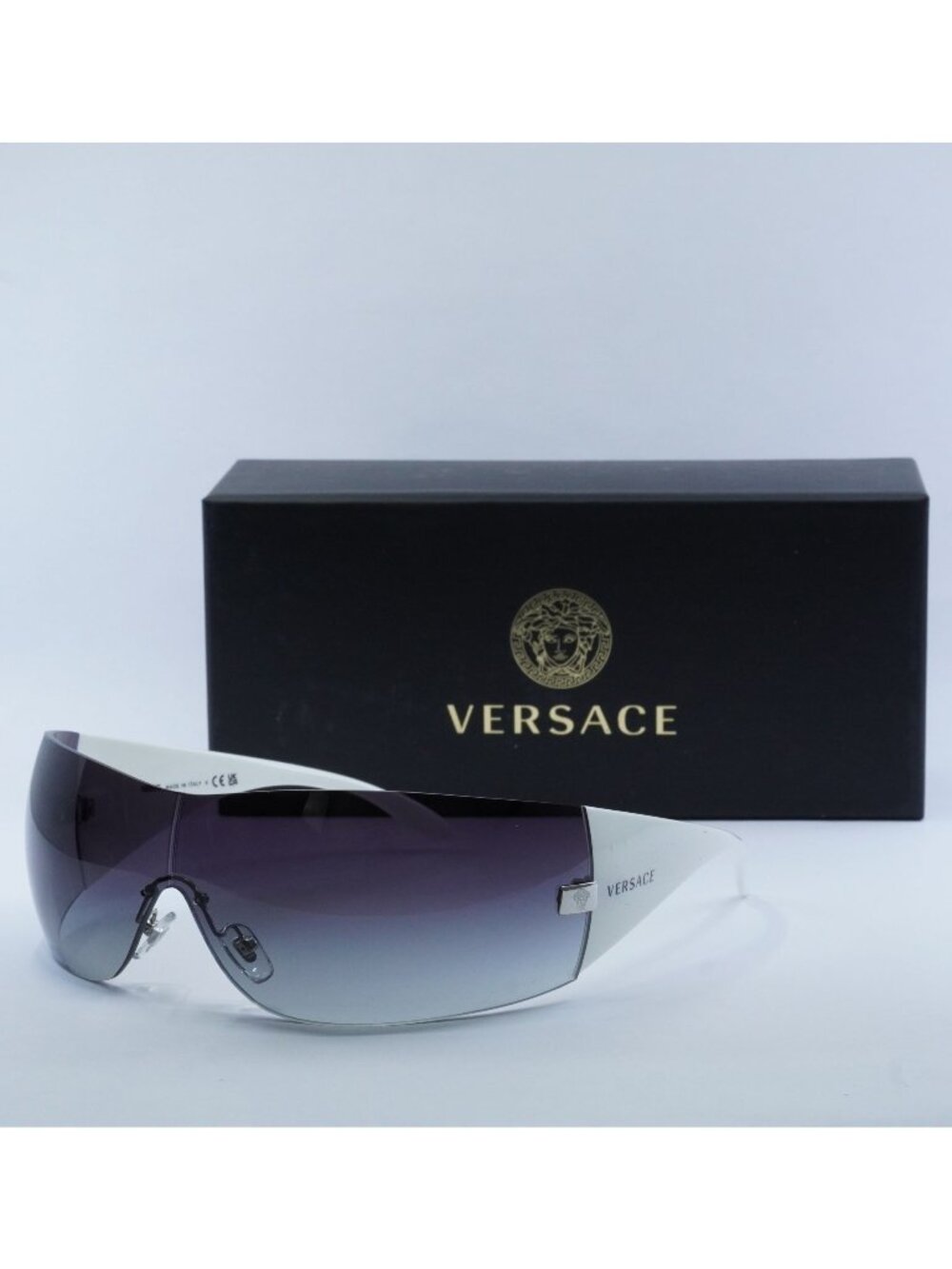 Versace VE2054 10008G Shield Sunglasses – Silver/Grey Gradient Blue